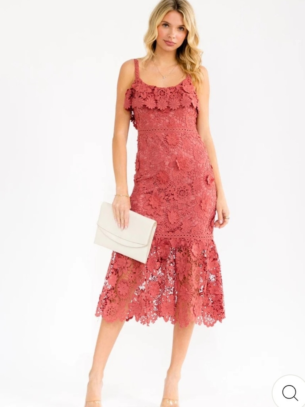 Delicate Floral Lace Midi Dress - Dusty Rose